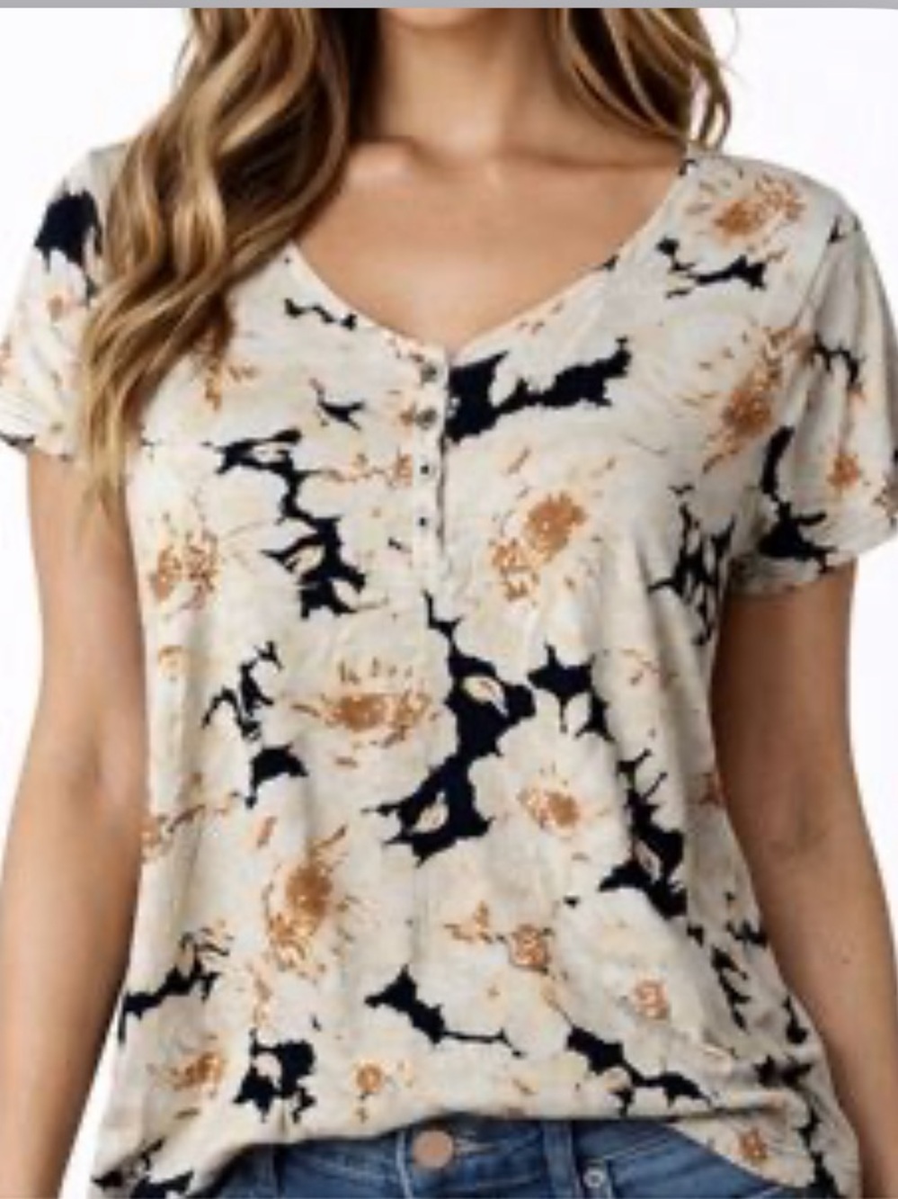 croft & barrow Cream Floral Henley Short Sleeve Top with Black Accents